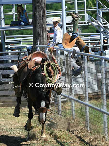 A bronc rider goes over the arena fence