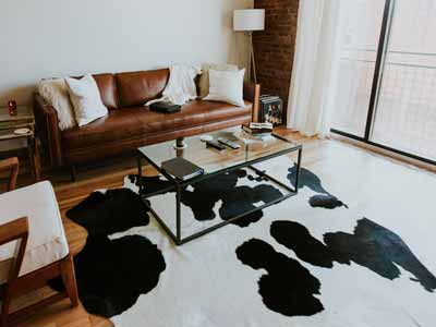 A black and white cowhide rug in a room with moder decor