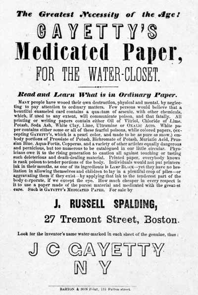 Advertisement for the first commercially produced toilet paper