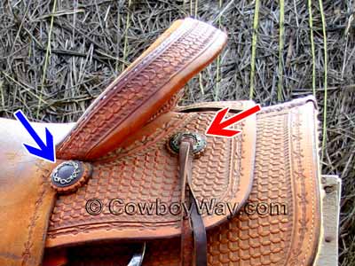 A plain concho and a slotted concho on a ranch saddle