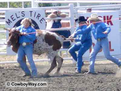 Three cowgirls preparing to mug a steer