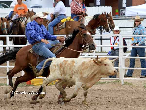 A steer wrestler gets down on a steer