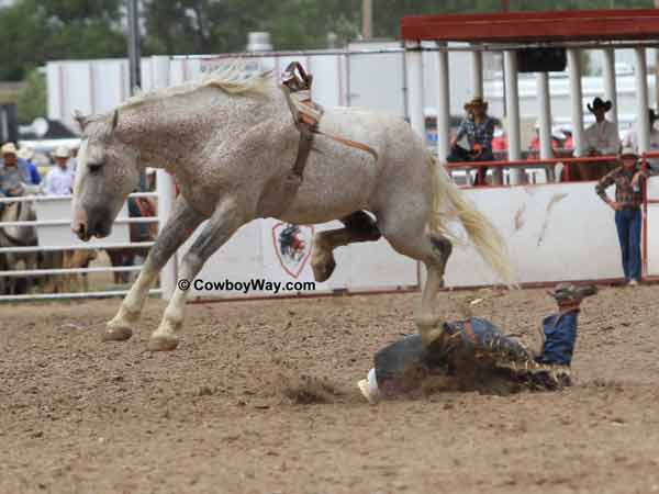 A bronc rider gets a rough dismount