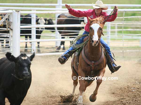 A cowgirl sorting a calf