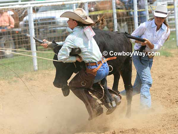 A cowgirl hangs onto a steer even though she is off the ground