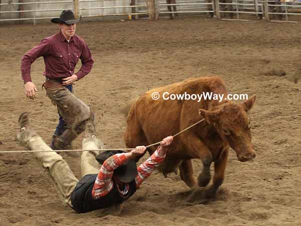 A ranch rodeo contestant hangs onto the rope and gets dragged