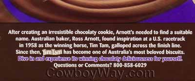 The back of a package of Tim Tam cookies explaining how they were named after a race horse