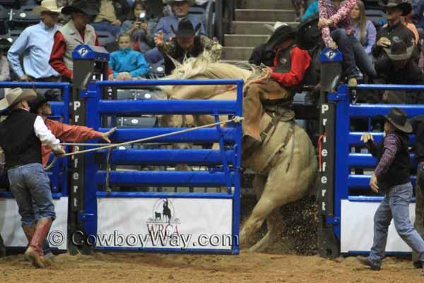 Ty Swiler riding a ranch bronc at the WRCA Ranch Rodeo Finals