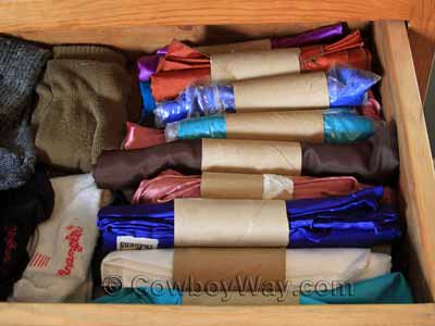 Wild rags organized by cardboard rolls